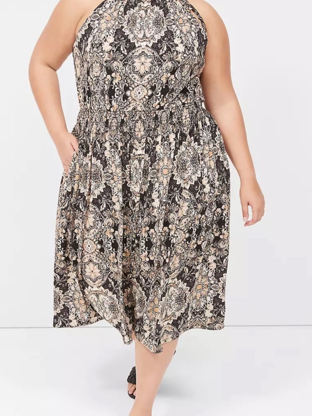Plus Size Halter Midi Dress in Black Floral Print